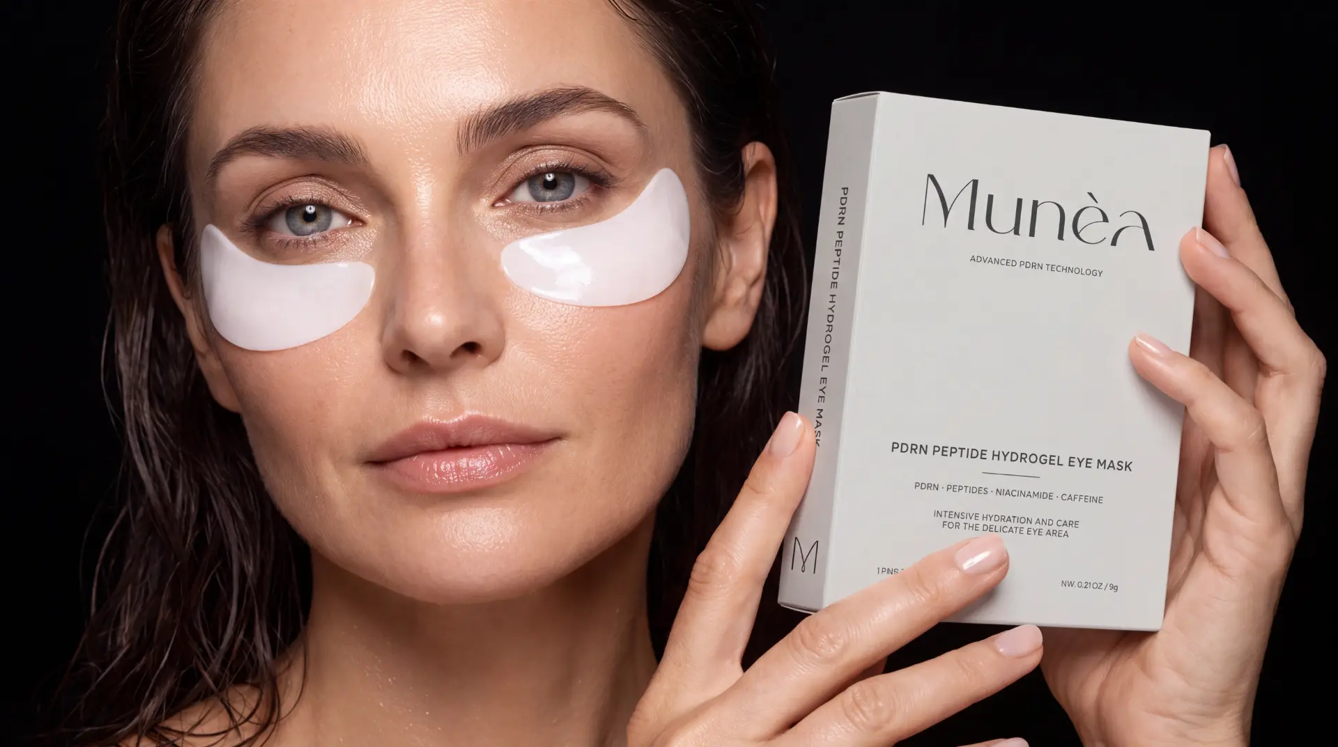 Woman wearing Munèa hydrogel eye patches and holding the Munèa eye mask box